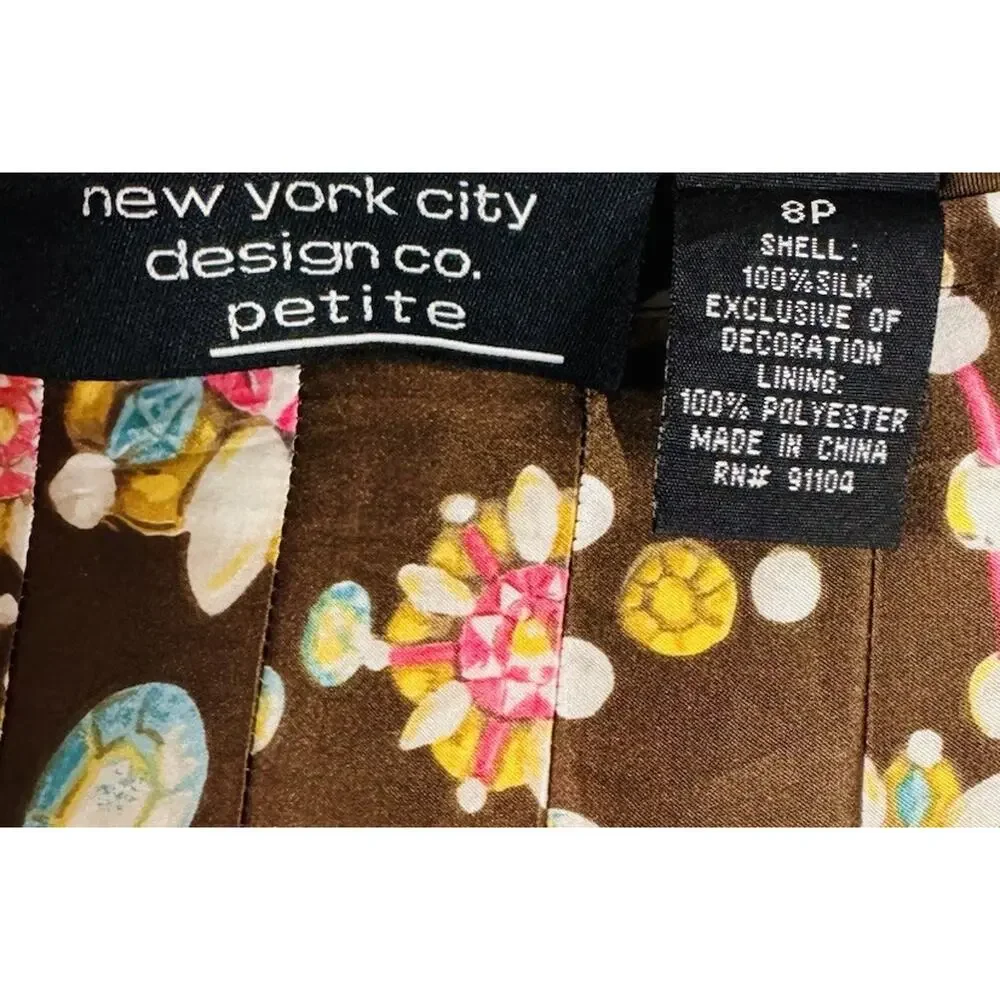 New York City Design Co Brown Gem Print Beaded Sequin Skirt 8 Petite Pleated